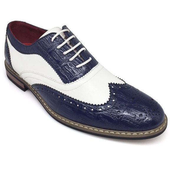 New Men Dress Shoes Wingtip Oxford 2-tone Leather Lined Lace Up Dress Tuxedo Blu main image 4